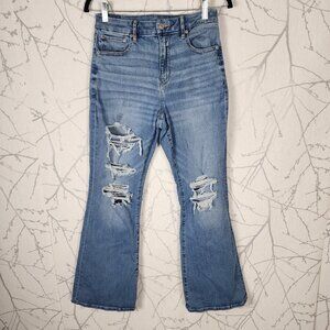 American Eagle Distressed Ripped Curvy Super High Rise Flare Jeans